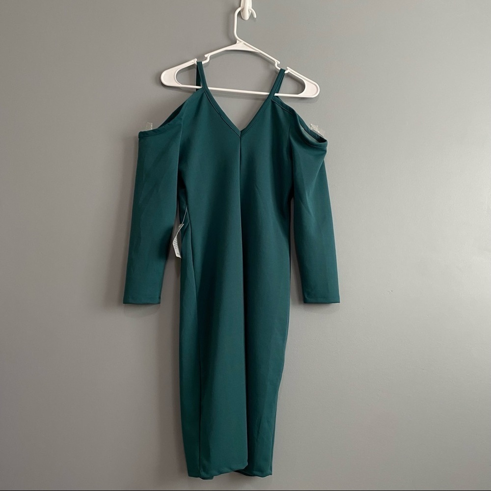 Max+Ash Cold Shoulder Long sleeves Sheath Dress with Slit In Emerald Green Sz M - Picture 5 of 8